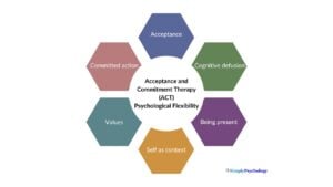 Acceptance and Commitment Therapy 2 A diagram made up of 6 hexagons each labelled with a different facet of psychological flexibility according to acceptance and commitment therapy: Acceptance, cognitive defusion, being present, self as context, values, and committed action