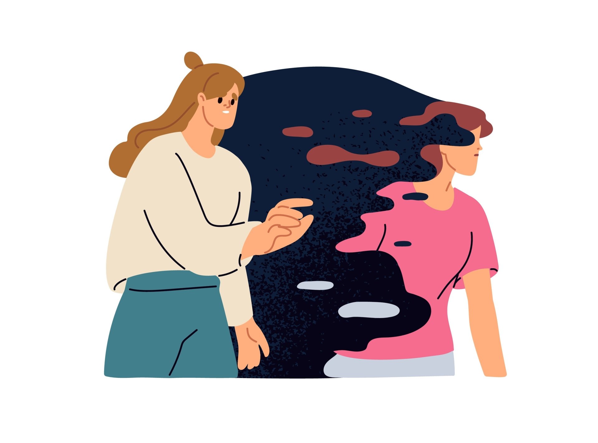 ADHD Breakup Cloud of dark thoughts representing mental health struggles, two women discussing psychological concepts, mental health awareness, psychology illustration.