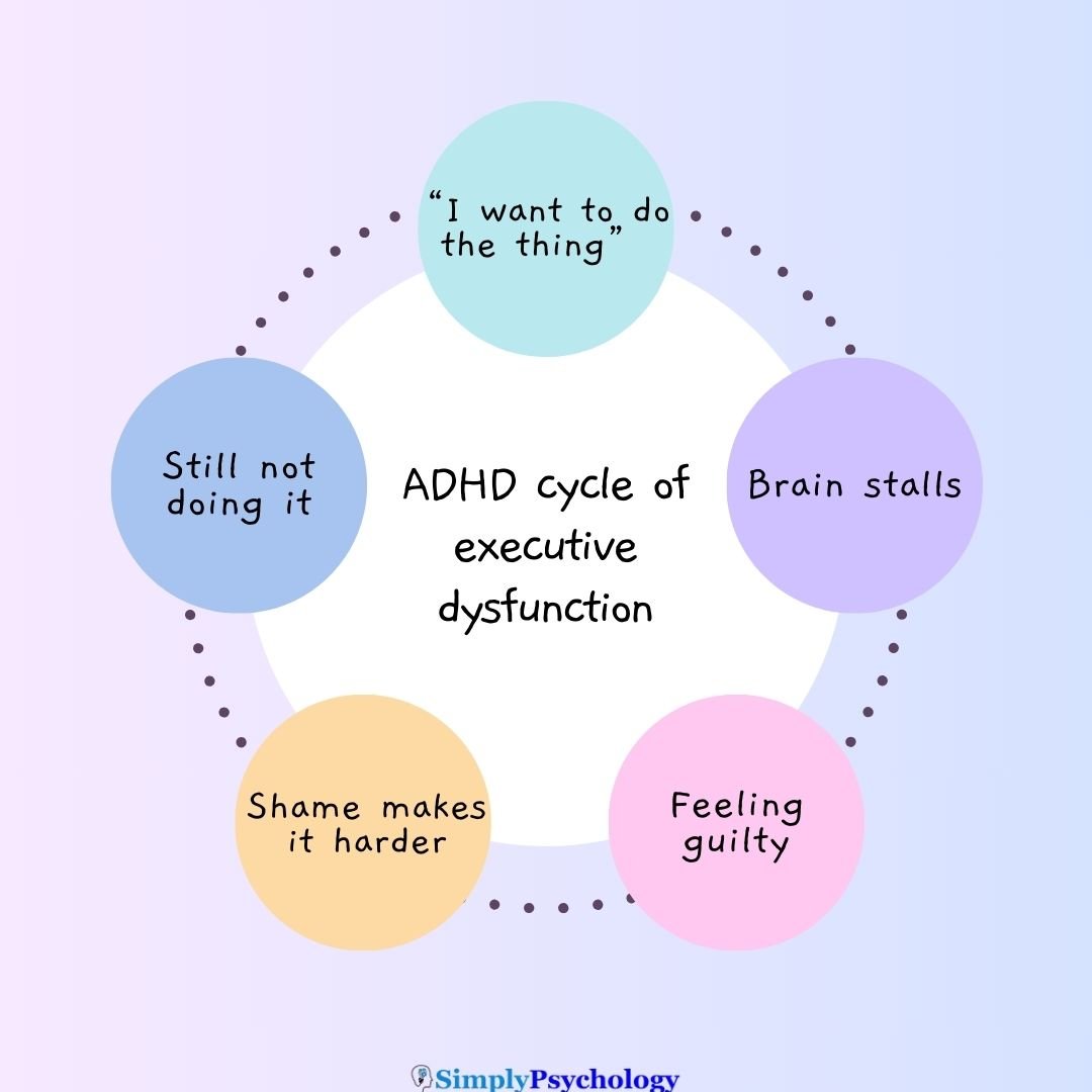 ADHD Executive Dysfunction Cycle A loop or flowchart showing: “I want to do the thing” → “My brain stalls” → “I feel guilty” → “Shame makes it harder” → “Still not doing it” → back to start.
