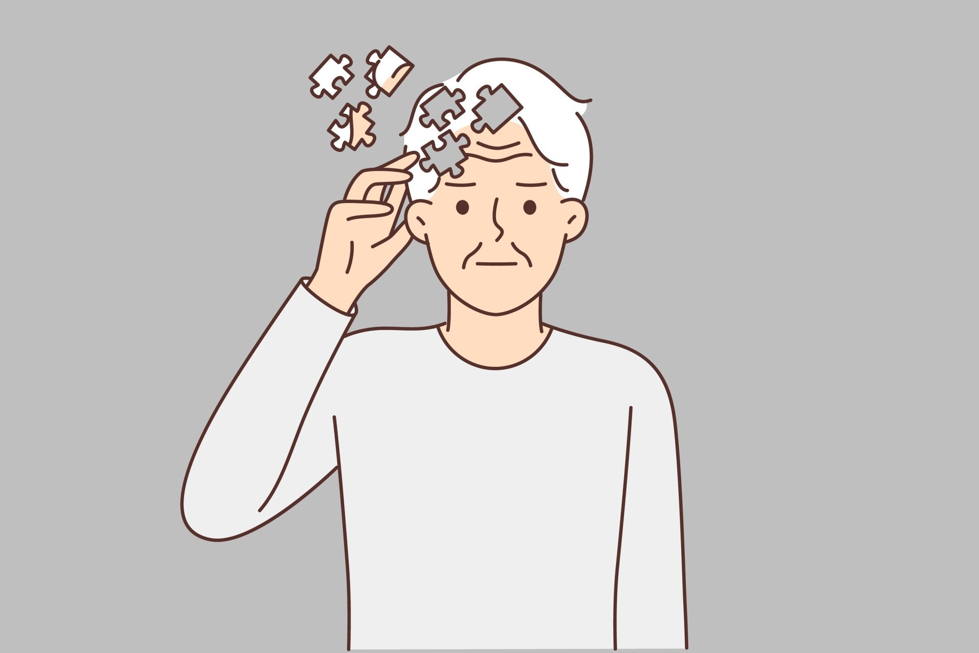 Amnesia Illustration of an elderly man with puzzle piece sections out of place in his head.