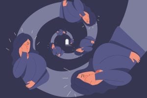 Concept of copies of an anxious woman falling down a spiralling pattern.