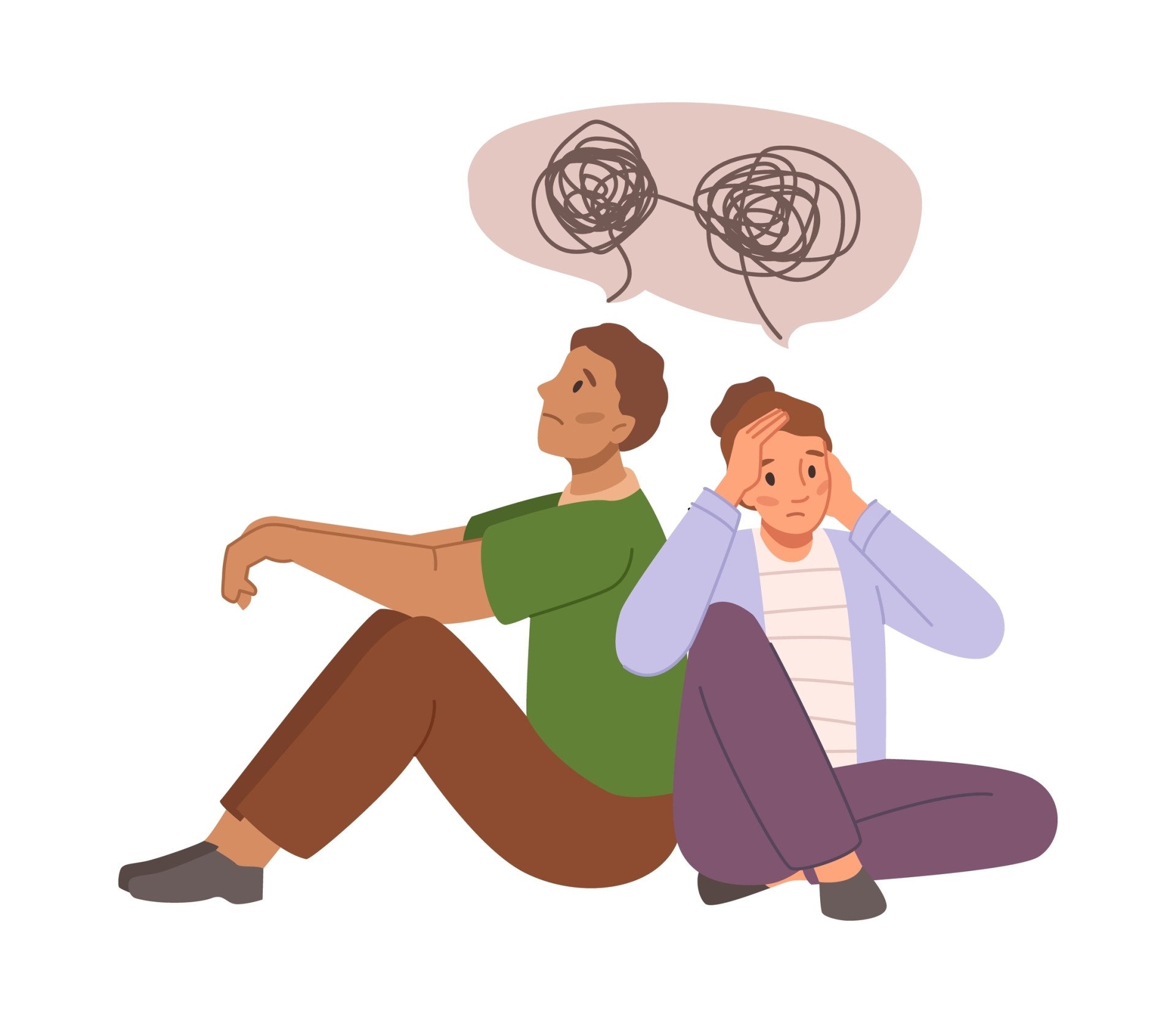 Anxious Couple Anxiety and stress in young people illustrated with two kids sitting back-to-back with worried expressions and tangled thoughts icon.