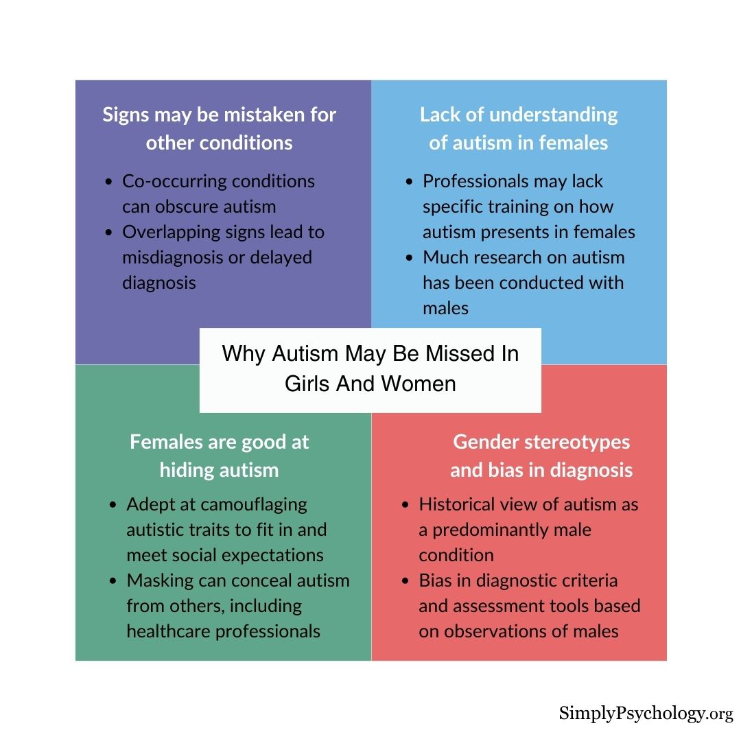 Autism Females Undiagnosed 4 coloured panels outlining and describing reasons why autism may be missed in girls and women.