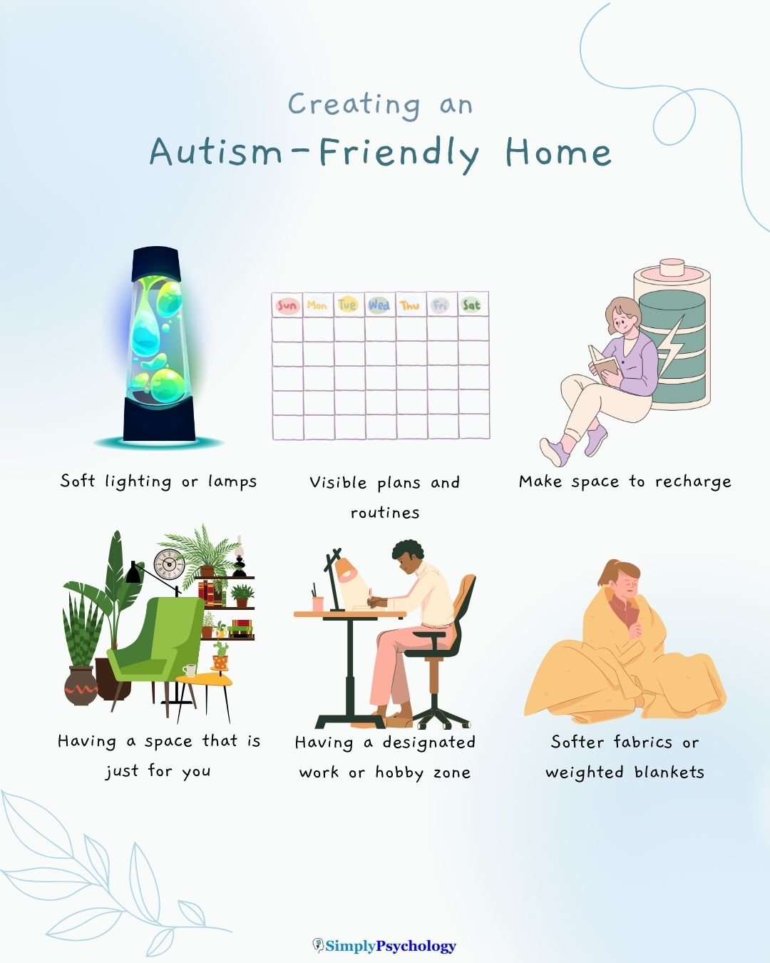 Autism Friendly Home A 6 panel infographic titled "creating an autism friendly home" with 6 tips alongside associated images such as soft lighting, visible plans, and making space to recharge.
