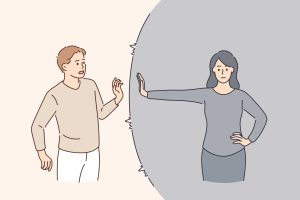 Avoidant Attachment Style 20 Defending personal boundaries and freedom concept. Young woman standing and feeling in capsule defending her own private personal boundaries from man vector illustration