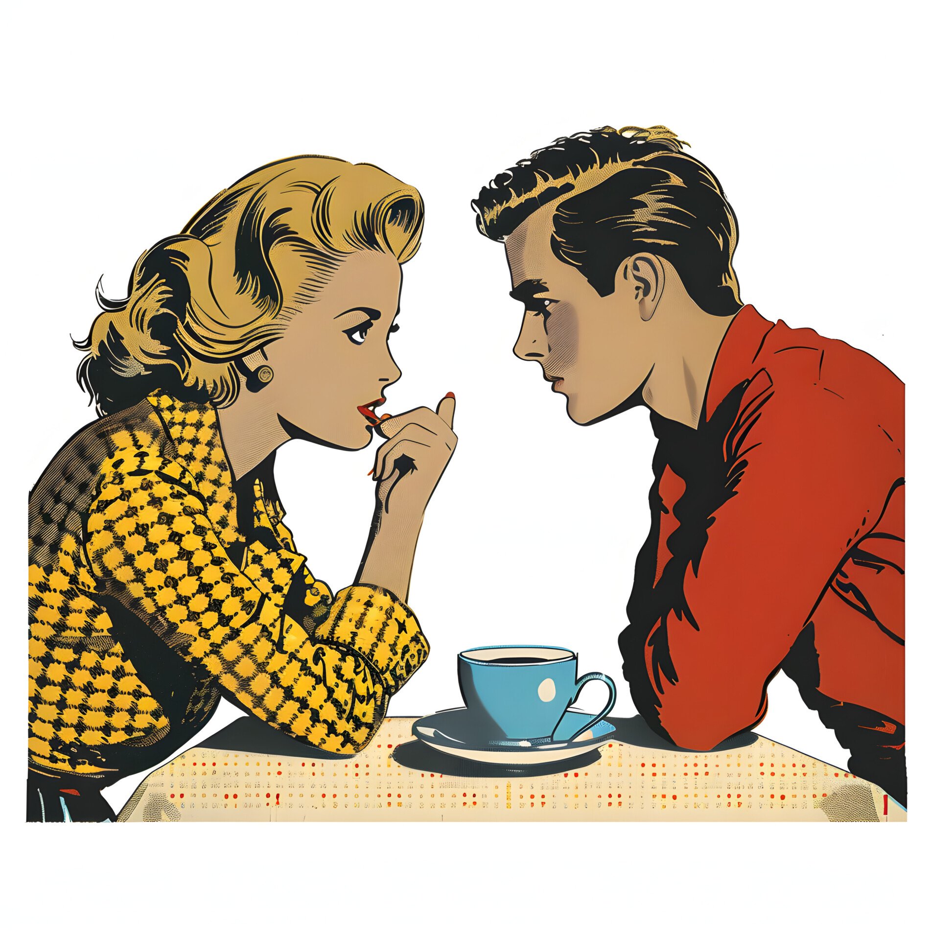 Body Language Dating A comic style illustration of a man and a woman leaning forward and staring into each others eyes while on a coffee date.