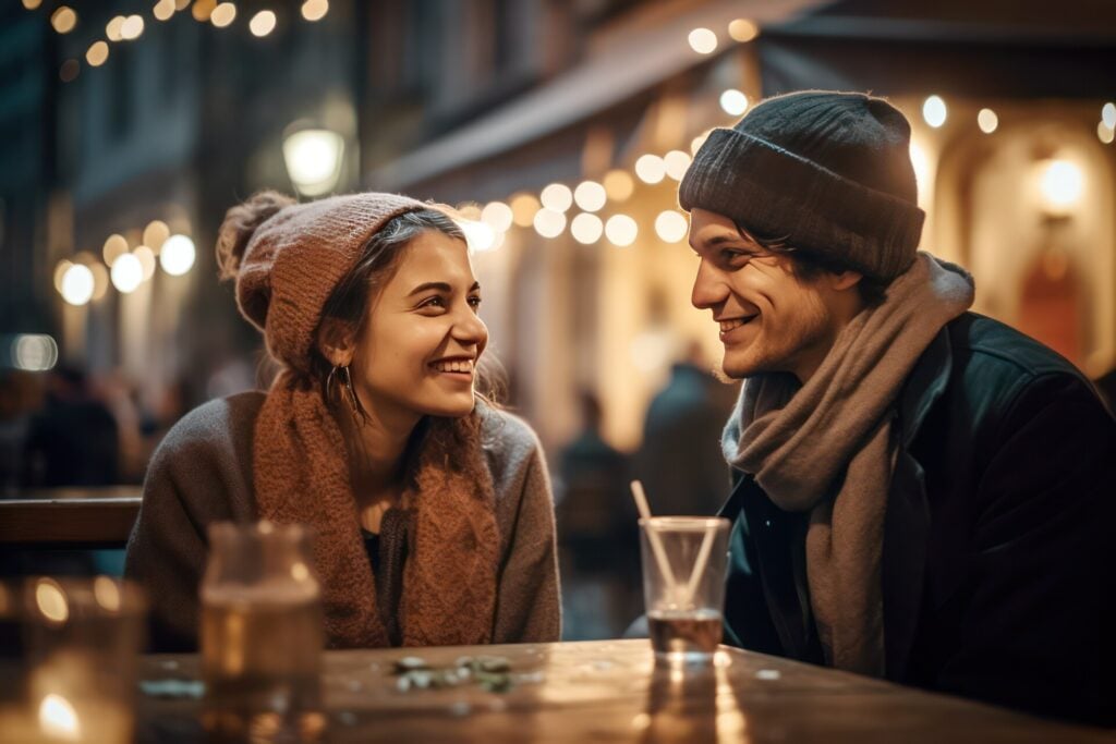 How Do You Get a Man to Emotionally Open Up to You 1 Young man and young woman on a first date, seated outdoors in the evening, enjoying a romantic ambiance as they engage in conversation