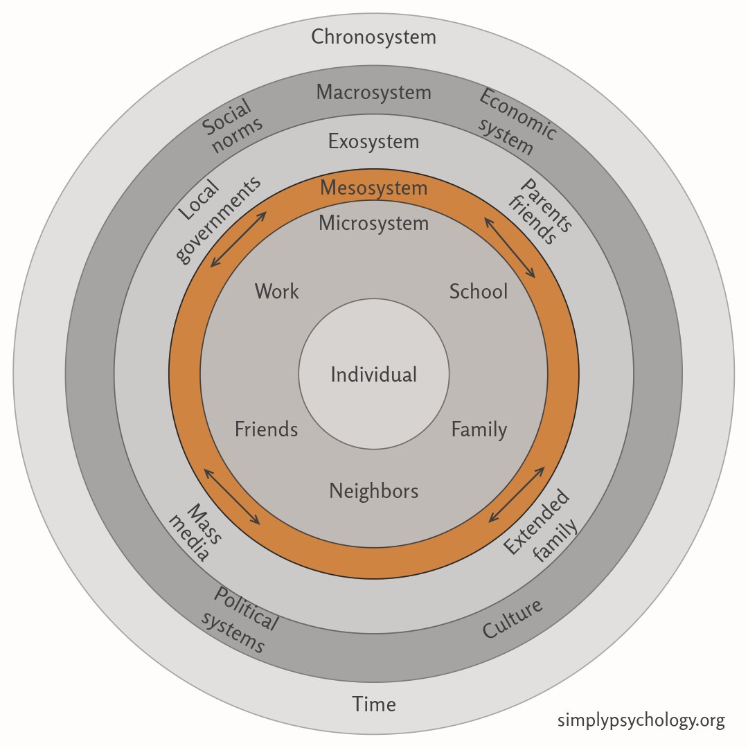 Bronfenbrenner Mesosystem Concentric circles illustrating Bronfenbrenner's ecological systems theory but with only the mesosystem section highlighted in orange while the rest is in greyscale.