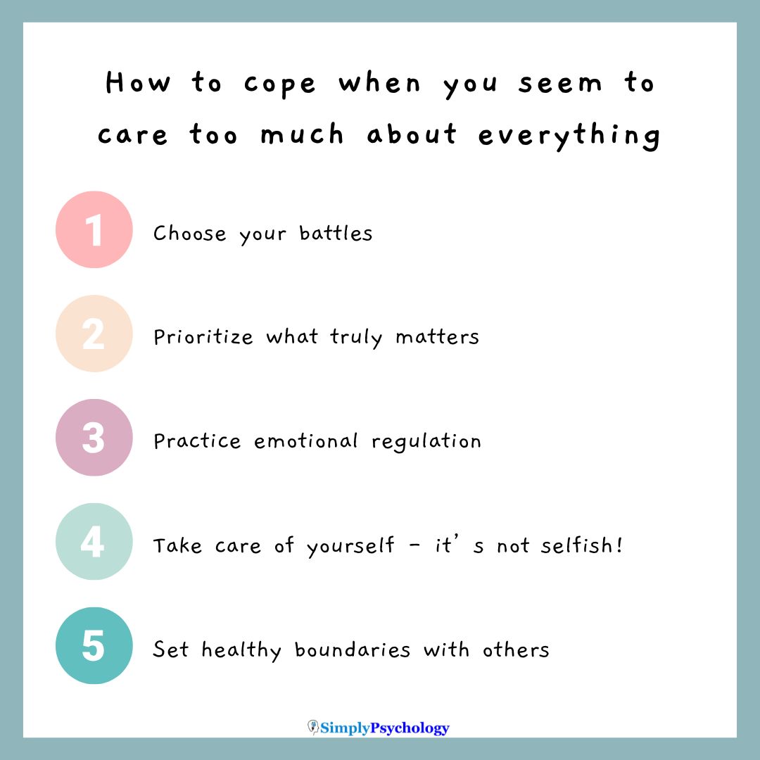 Caring Too Much Tips Infographic titled "How to cope when you seem to care too much about everything" with a list of 5 brief tips such as choosing your battles and practicing emotional regulation