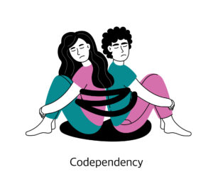 What Causes Codependency? 29 illustration of a girl and a man isolated on a white background tied together.