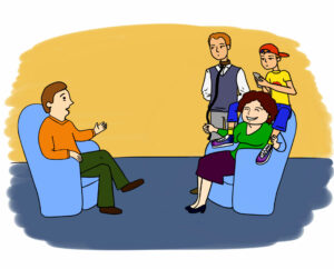 How to Deal with a Codependent Mother 24 Cartoon of a psychotherapist sat on a seat opposite a mother who has her son sat on her shoulders on his phone. She has her husband on a lead to illustrate codependency in a family