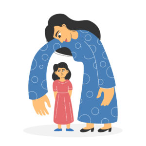 Enmeshed Parenting 18 A cartoon of a sad young girl with her mother as a a large figure looming over her