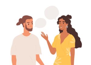 Man and woman talking together with speech bubbles between them.