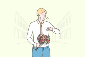 Young unhappy man character with flower bouquet waiting on street and checking time, looking anxious