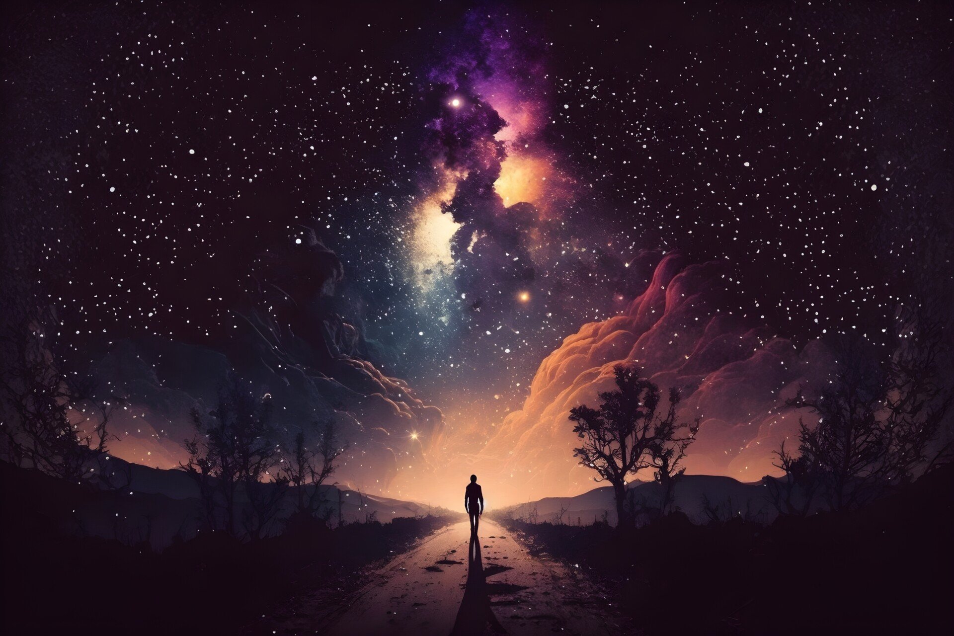 9 Common Dreams and What They Supposedly Mean 1 a colorful night sky with stars, clouds, and a person walking along a path