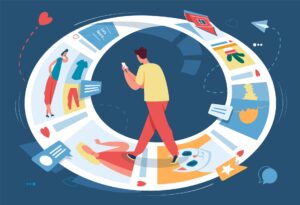 Does Social Media Make ADHD Worse? 29 concept of a man walking while scrolling on phone. Walking on a visual cycle of endless social media posts and notifications.