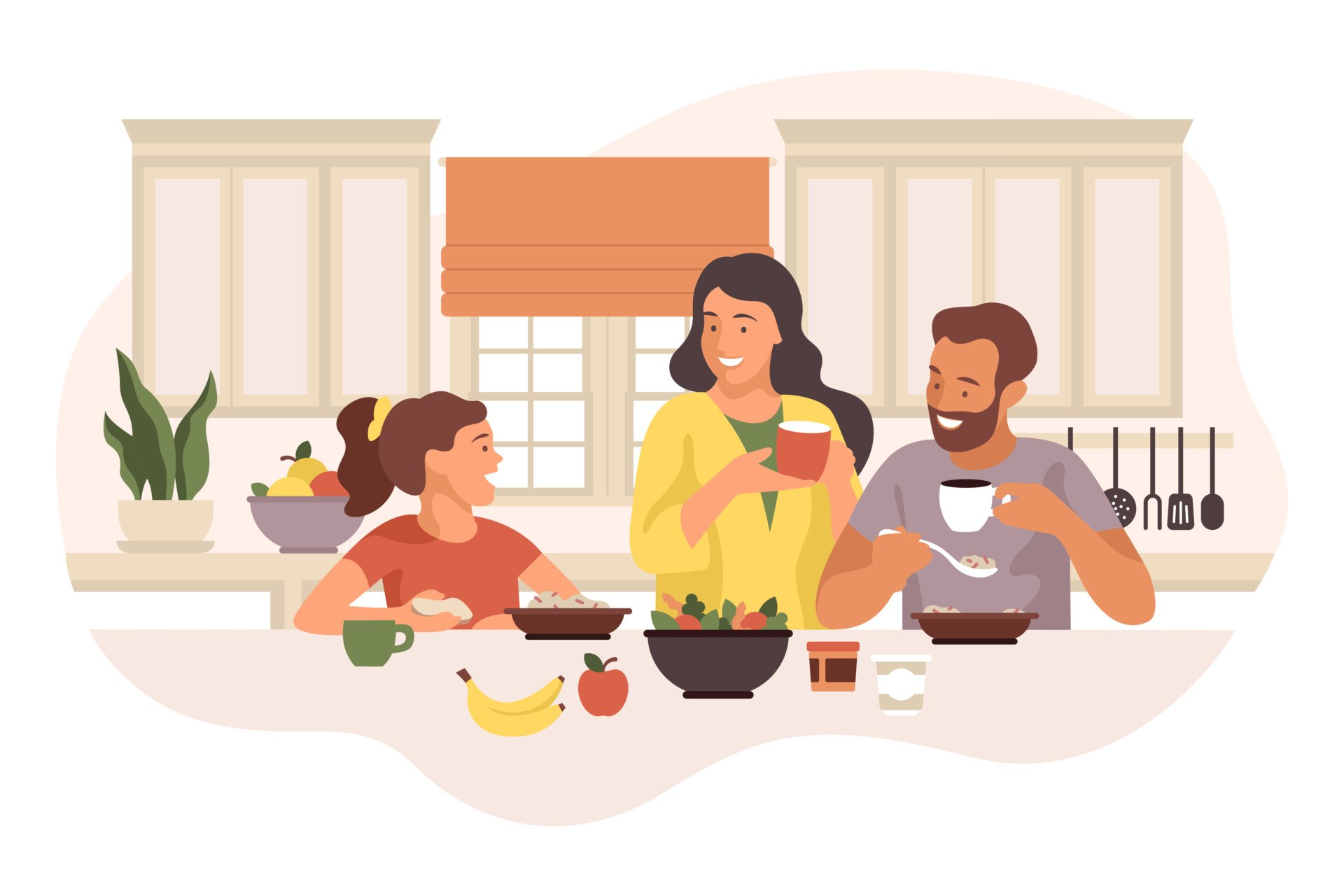The First Agent of Socialization: Family 1 Parents and a child happily having breakfast together at the kitchen table