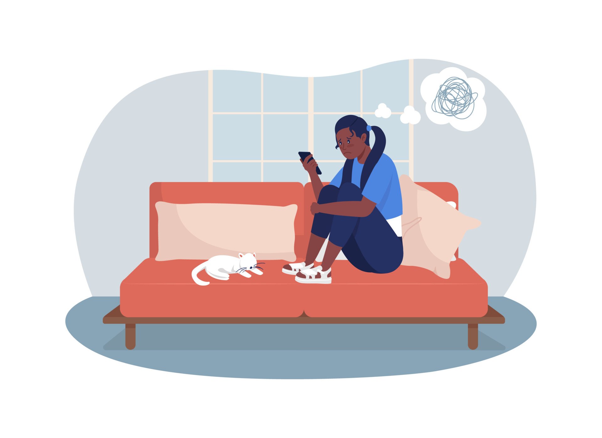 Friendship Breakups Illustration of a girl curled up on the sofa looking sadly at her phone