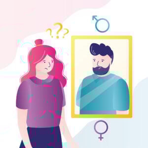 What Does Gender Dysphoria Feel Like? Signs And Coping 14 Sad female character cannot self-determine sex. Person with gender dysphoria looking in mirror