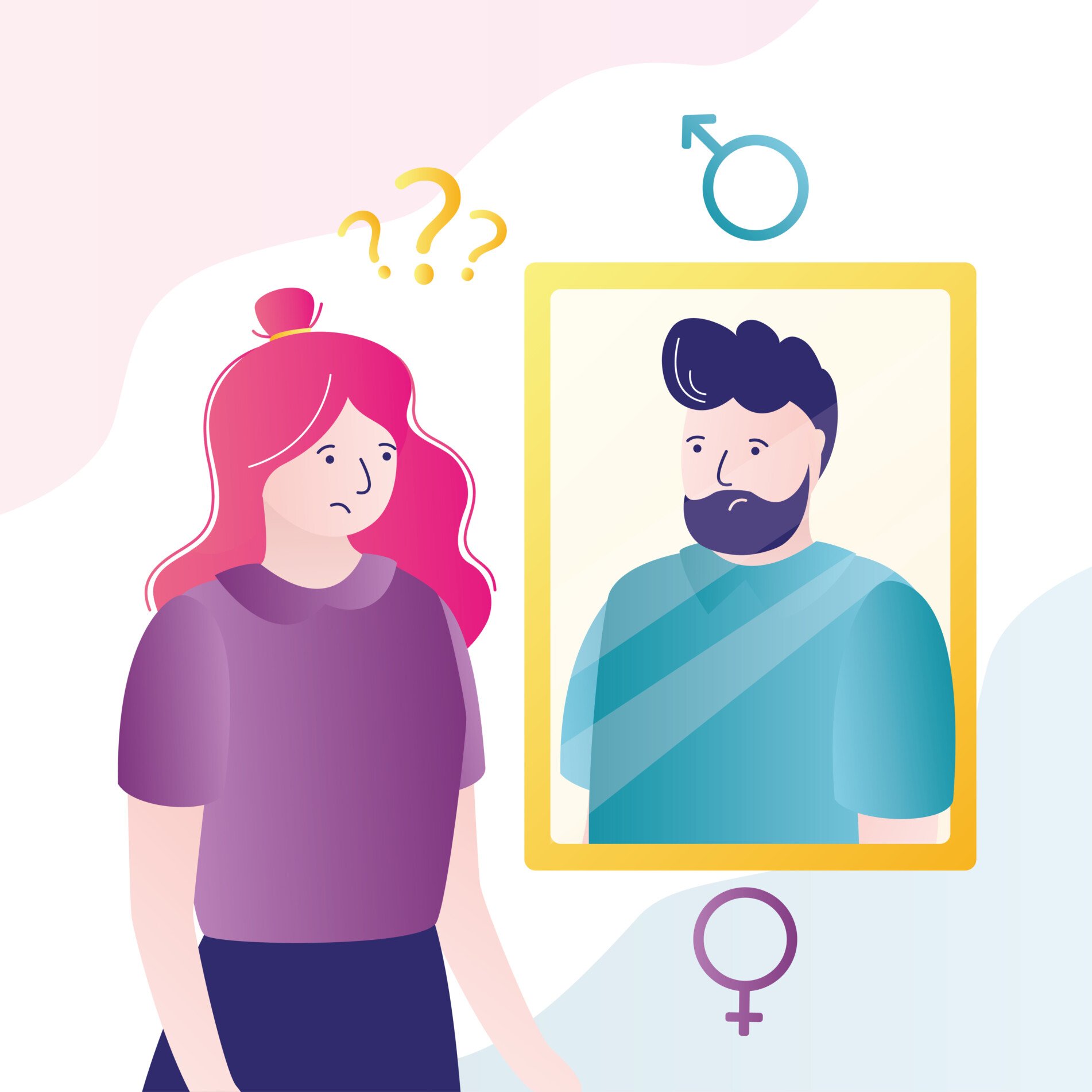 Gender Dysphoria Sad female character cannot self-determine sex. Person with gender dysphoria looking in mirror