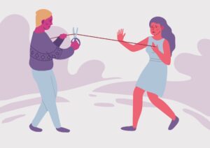 How to Heal From Codependency 26 A man and woman attached by a string. The main is about to cut the string with scissors while the woman is putting up her hand to tell him to stop