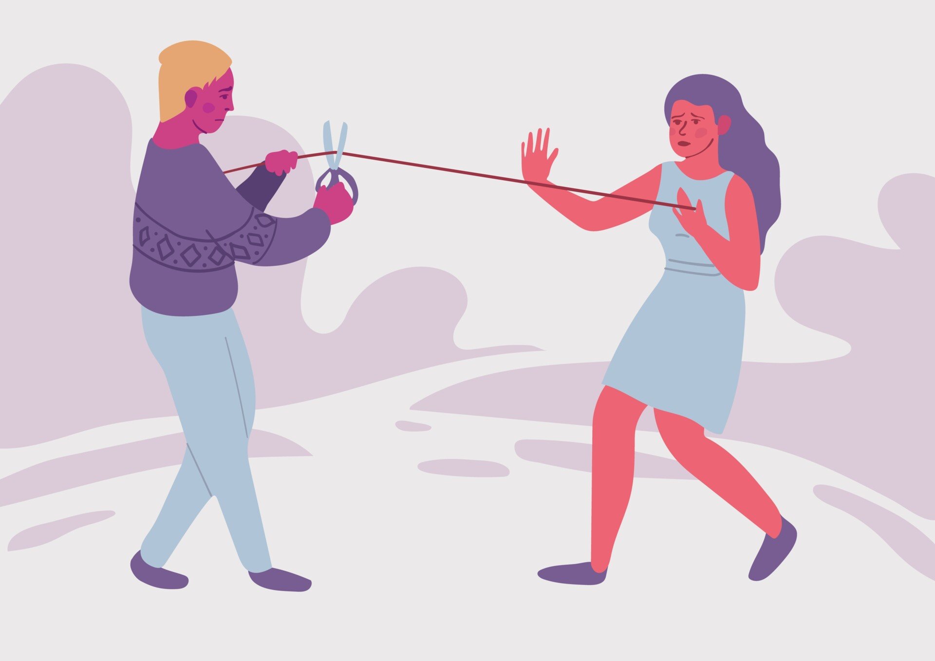 Heal From Codependency A man and woman attached by a string. The main is about to cut the string with scissors while the woman is putting up her hand to tell him to stop