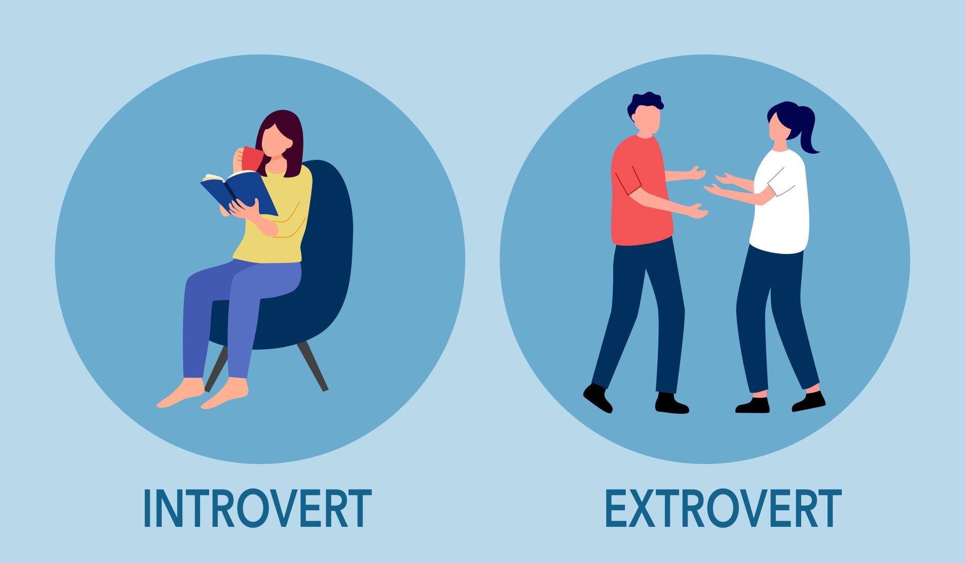 Introvert vs Extrovert Introvert and extrovert personality character concept vector illustration. Introvert woman enjoy reading book alone. Extrovert people are talkative and enjoy meeting new people.