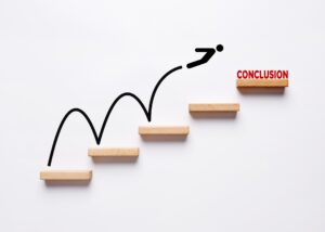 Wooden steps on a wall. a stick figure jumping up all the steps and reaching the top one that is labelled "conclusion"