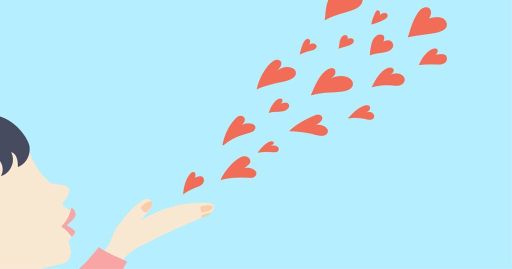 What Is Limerence and How Do You Overcome It? 1 illustration of a woman blowing a kiss, love hearts floating out of her hand