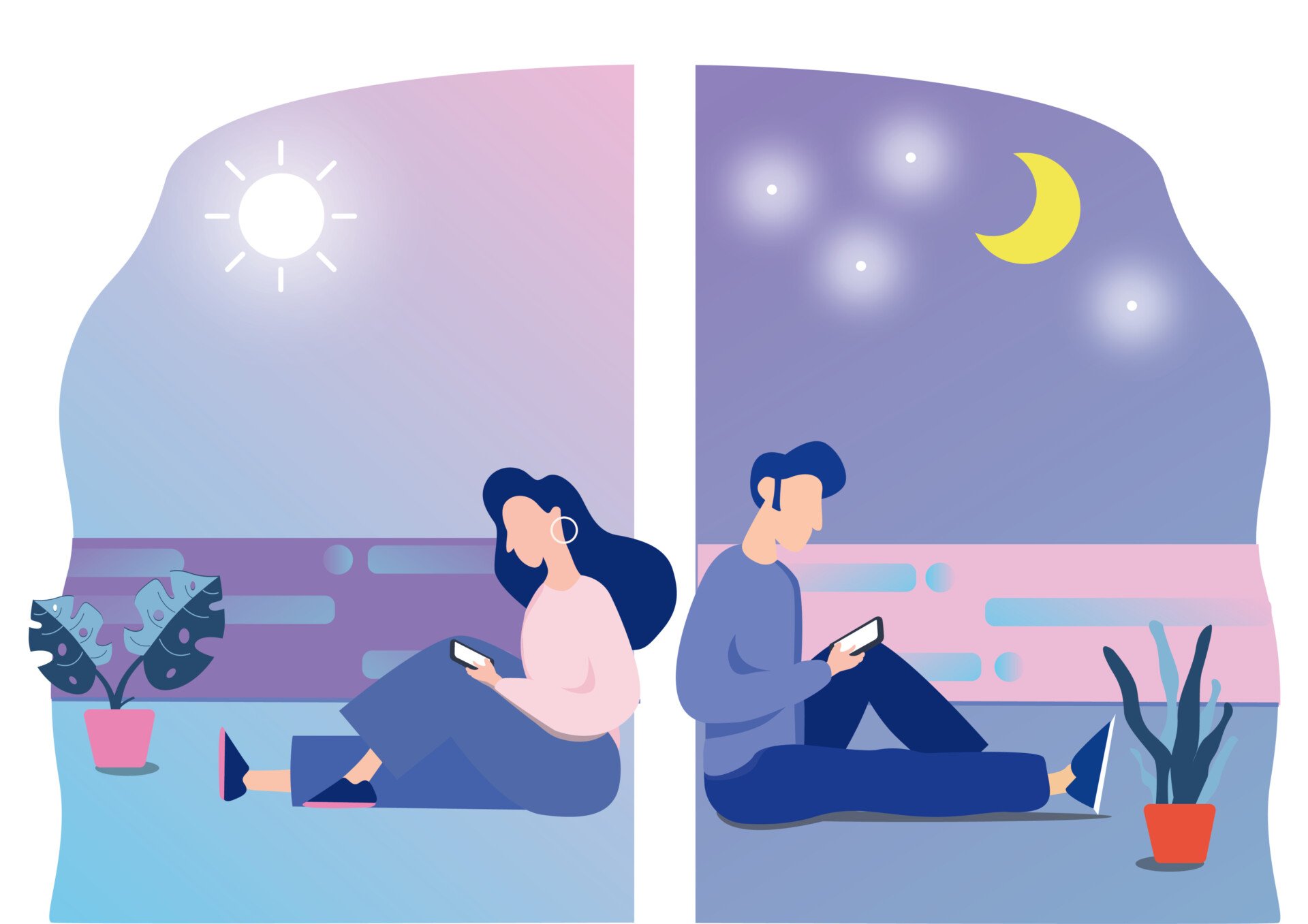 Long-Distance Texting a man and woman sat in different room against the same wall texting each other on their phones.