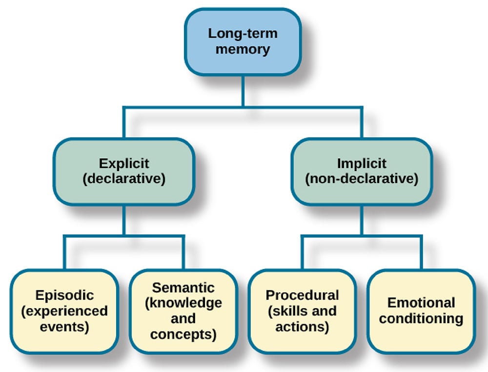 Declarative Memory In Psychology 1 There are two components of long-term memory: explicit and implicit. Explicit memory includes episodic
and semantic memory. Implicit memory includes procedural memory and things learned through conditioning.