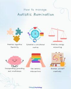 12 Ways To Manage Autistic Rumination 8 An infographic titled "how to manage autistic rumination" with 6 tips alongside associated images such as practice cognitive flexibility, establish a routine, and using sensory interventions.