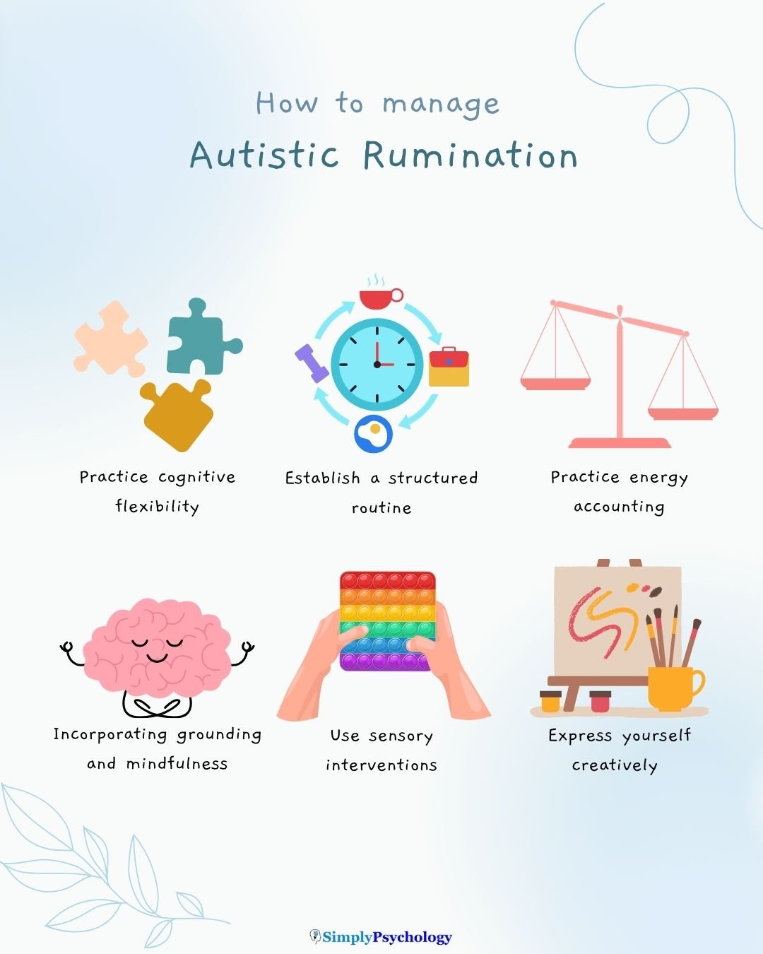 Managing Autistic Rumination An infographic titled "how to manage autistic rumination" with 6 tips alongside associated images such as practice cognitive flexibility, establish a routine, and using sensory interventions.