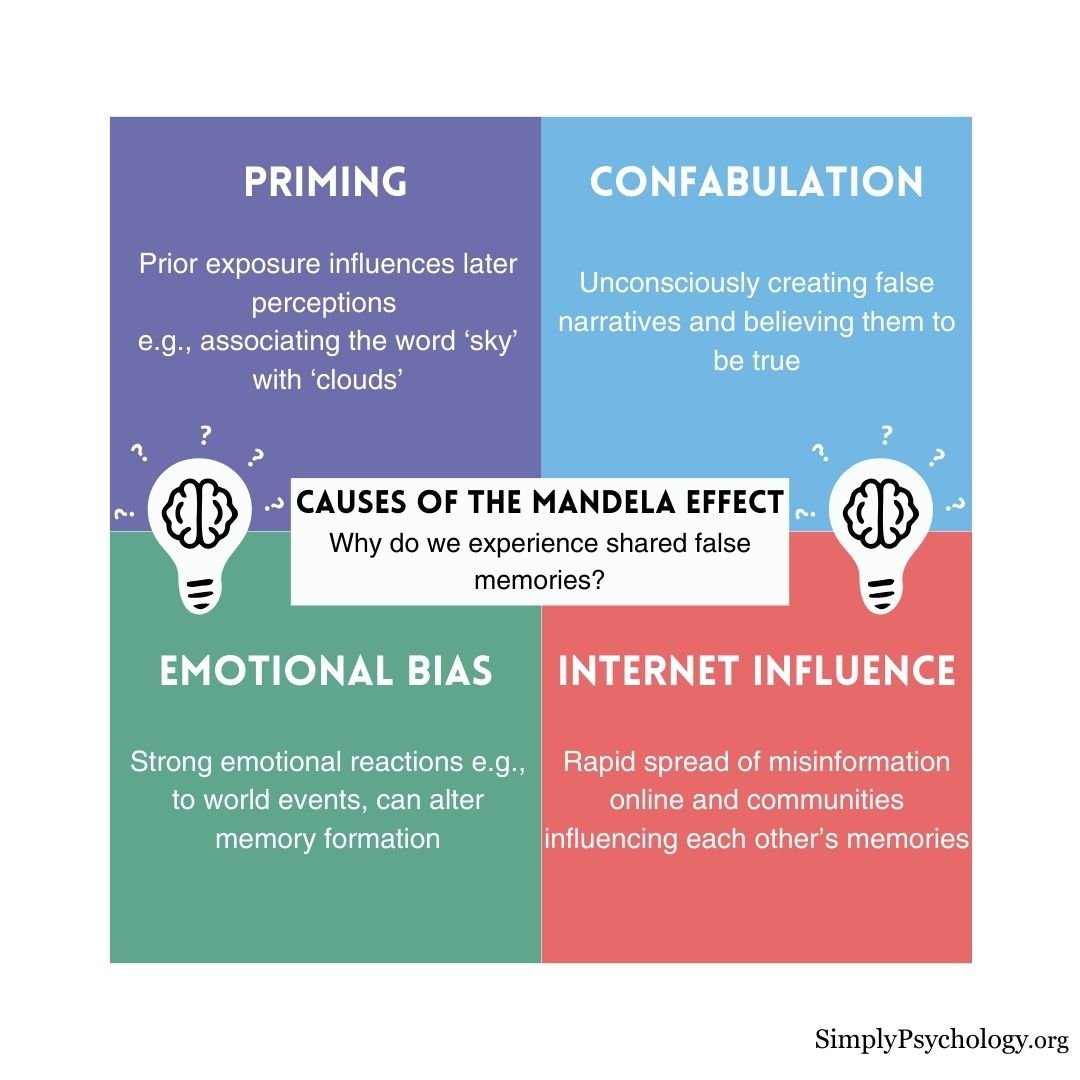 Mandela Effect 4 panel infographic titled 'Causes of the mandela effect: why do we share false memories' with 4 possible causes and brief explanations for each: priming, confabulation, emotional bias, and internet influence.