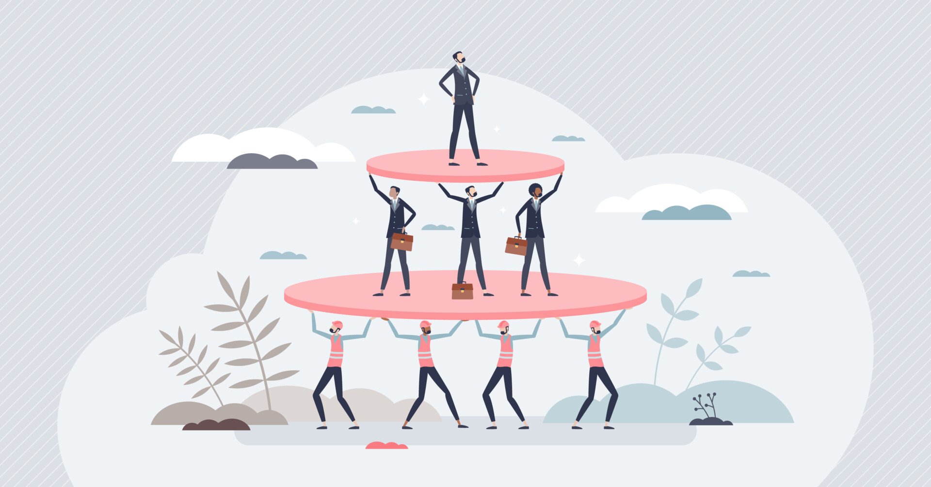 Max Weber's Key Contributions to Sociology 1 An illustration of working class at the bottom of a hierarchy, with middle class and upper class above them, holding each other up.