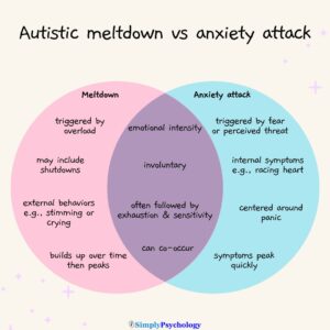 Autistic Meltdowns vs Anxiety Attacks 21 A venn diagram of the symptoms of autistic meltdowns and anxiety attacks.