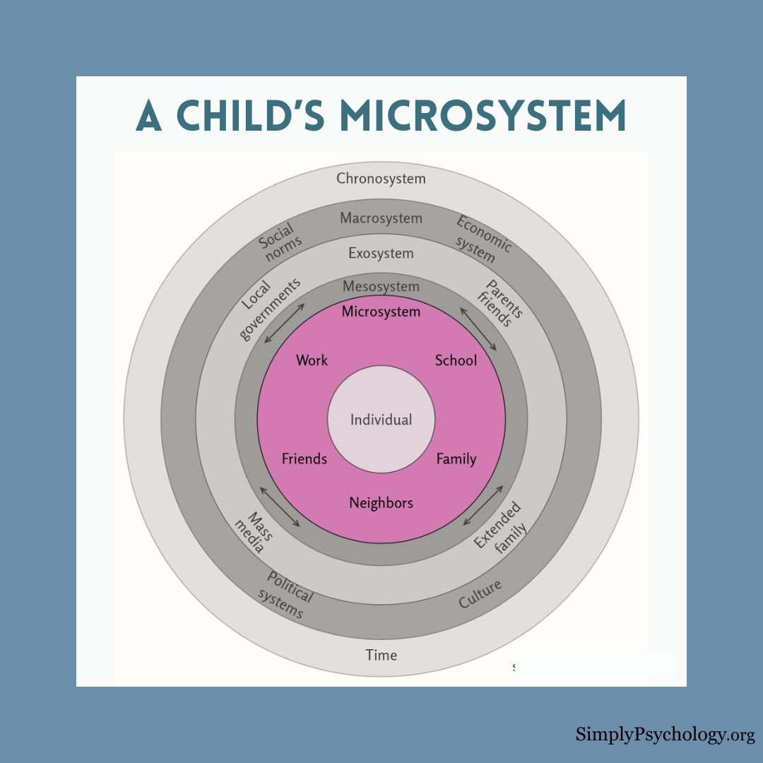Microsystem Child A diagram of Bronfenbrenner's ecological systems theory but with the inner circle outlining the microsystem highlighted in pink.