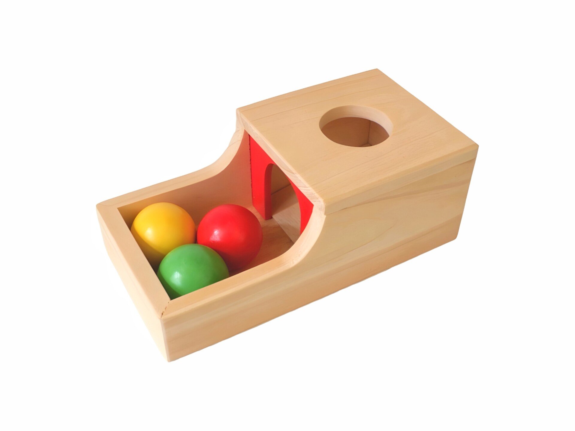 Montessori,Object,Permanence,Box,With,Three,Coloured,Balls,Shows,A object permanence