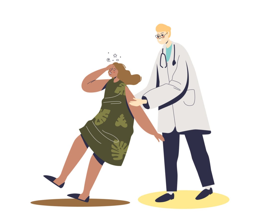 Can You Pass Out from a Panic Attack? 1 Doctor helping fainting woman suffering from stress. Cartoon female sinking into faint because of panic attack, shock, depression or mental disorder disease. Flat vector illustration