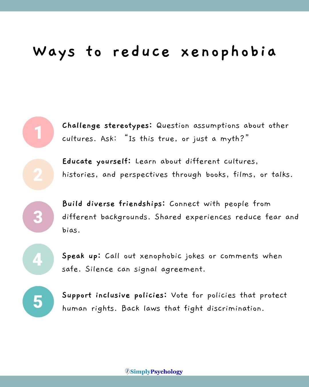 Ways to reduce xenophobia: Challenge Stereotypes Question assumptions about other cultures. Ask: “Is this true, or just a myth?” Educate Yourself Learn about different cultures, histories, and perspectives through books, films, or talks. Build Diverse Friendships Connect with people from different backgrounds. Shared experiences reduce fear and bias. Speak Up Call out xenophobic jokes or comments when safe. Silence can signal agreement. Support Inclusive Policies Vote for policies that protect human rights. Back laws that fight discrimination.
