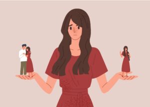 Rebound Relationships 25 A girl holding out her hands with herself in a relationship in one hand and single life in the other.