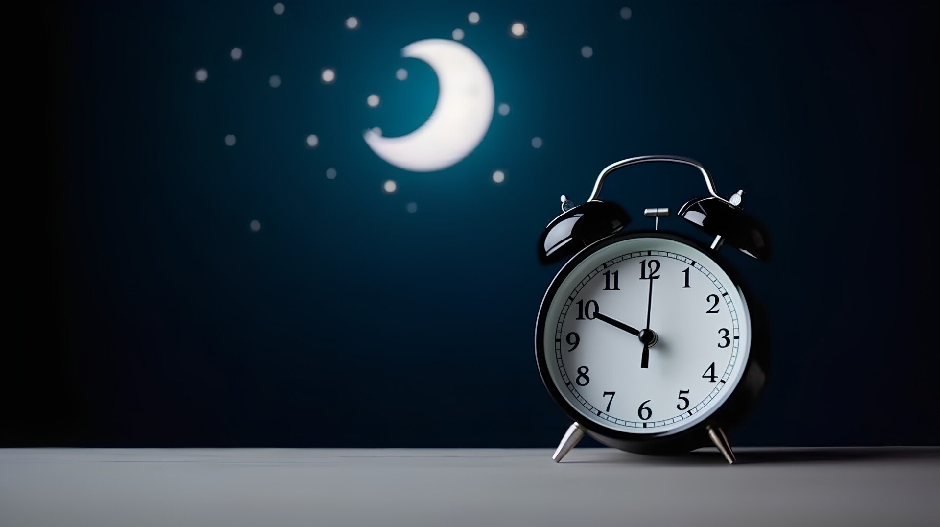 5 Stages of Sleep (REM and Non-REM Sleep Cycles) 1 Clock against a dark background with moon and stars, suggesting peaceful slumber and serene dreams.