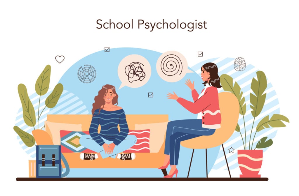 Branches of Psychology 1 an illustration showing a school psychologist sat on a chair talking to a client who is sat on a sofa.