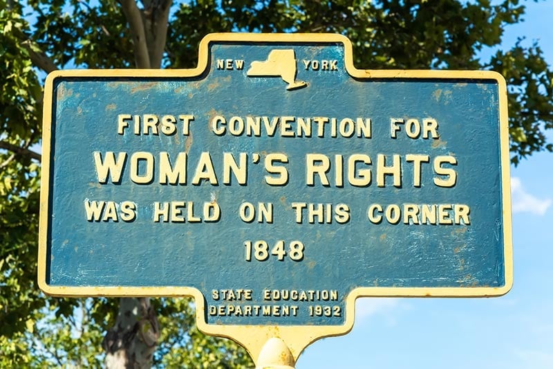A Brief Summary Of The First Wave Of Feminism 2 Seneca Falls, New York, United States of America – September 13, 2016. Historic plate in Seneca Falls marking the place where the First Convention for Woman’s Rights was held in 1848