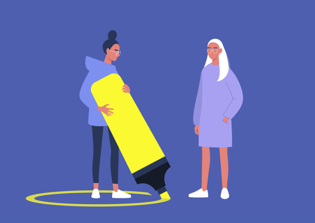 Setting Boundaries in Relationships 1 A character drawing a line around themselves with a neon yellow highlighter separate from another character.