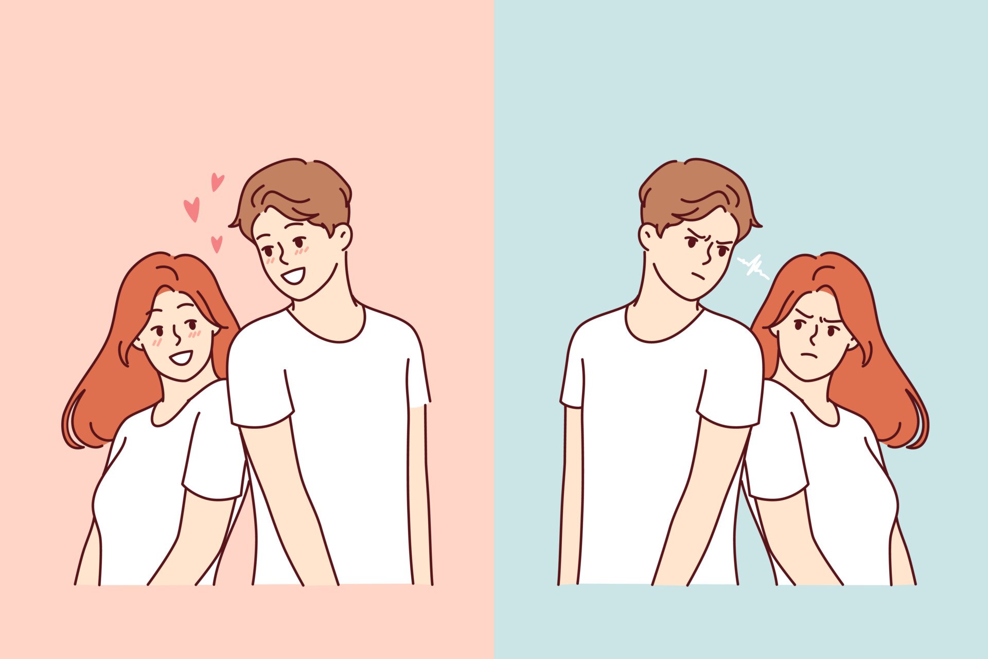 Signs He Likes You but Is Hiding It A split screen which a happy and in love couple on one side and a cold and aloof couple on the other.