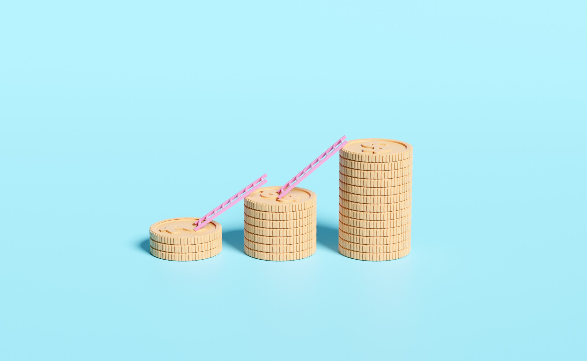 Social Mobility: Sociology, Types & Examples 1 stacks of gold coins increasing in number with ladders between them to show social mobility in terms of wealth