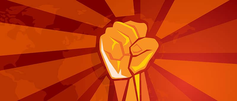 What is Capitalism? 2 hand fist revolution symbol of resistance fight aggressive retro communism propaganda poster style in red with world map background