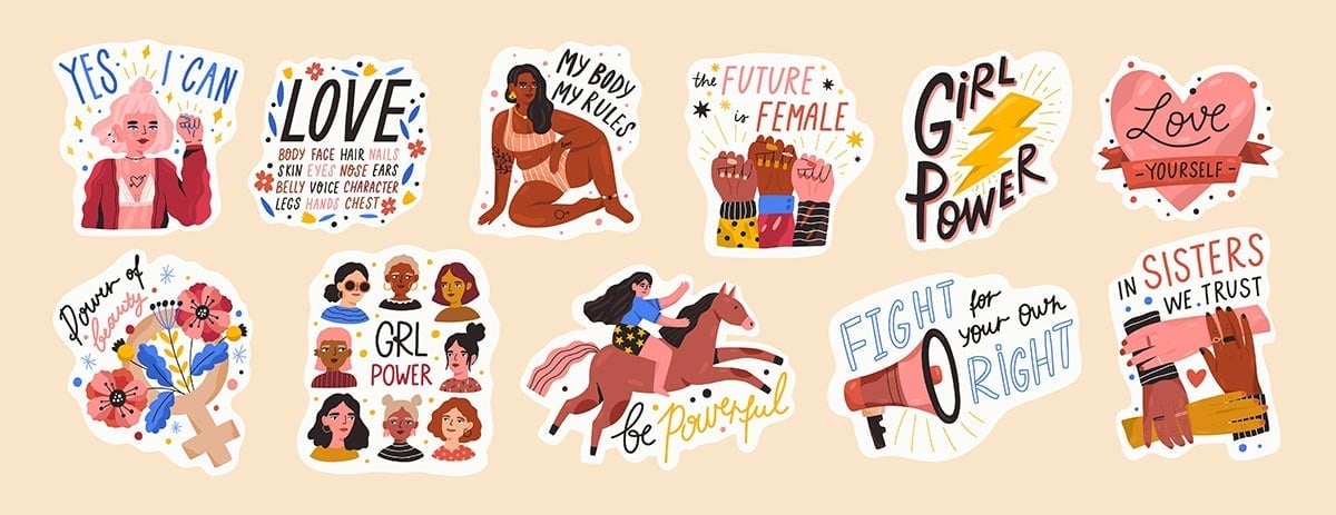 Four Waves of Feminism Explained 3 Feminist and body positive vector stickers set. Female movements cartoon badges with inspirational quotes. Women empowerment, self acceptance and gender equality trendy letterings pack.