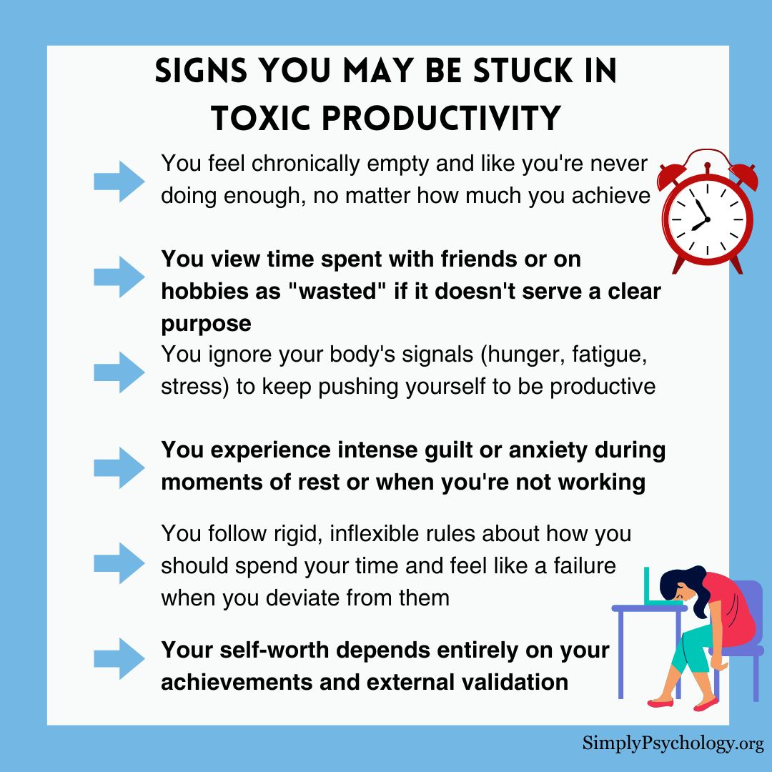 Toxic Productivity An infographic titled "signs you may be stuck in toxic productivity" with a list of signs such as feeling chronically empty and like you're never doing enough, no matter how much you achieve.